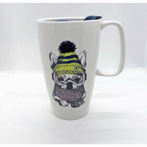 Coco & Lola French bulldog mug w/lid, winter scarf and hat ski goggles